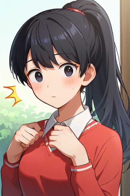 score_9, score_8_up, score_7_up, source_anime, rating_safe, intricate details, official style, 1girl, solo, <lora:Shibuya_Aoi:1>, shibuyaaoi, black hair, black eyes, ponytail, collared shirt, red sweater, long sleeves, medium breasts, looking at viewer, indoor, upper body, blush, surprised, hands up, closed mouth