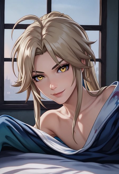 yanqing, blonde hair, long hair, ponytail, yellow eyes
seduvice face, smirk smile
solo, naked, flat chest, lying in bed, look at viewer, smile, covered with blanket
white-blue hotel room, early morning, soft light, white-green bed, look at viewer, POV, view from side, window, small sun in window
Detailed background, detailed, DNDFG, Detailed drawing, Fixhand