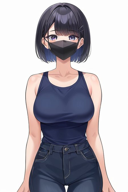 mitsunee, short black hair, bangs, black mask