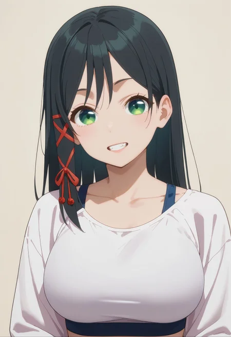 score_9,score_8_up,score_7_up,  <lora:amagami_yae_pdxl_goofy:1> amagamiYae, black hair, green eyes, long hair, hair ribbon,red ribbon ,1girl, black hair, breasts, casual, contemporary, large breasts, looking at viewer, simple background, teeth, upper body,sports bra, spaghetti strap, shrug \(clothing\), long sleeves,