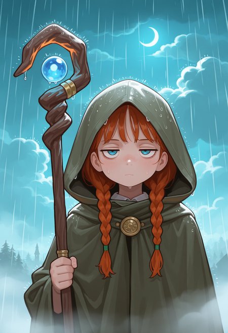 masterpiece, best quality, amazing quality, very aesthetic, high resolution, very awa,
1girl, face focus, twin braids, jitome, cloud, crescent moon, fog, holding mage staff, rain, hood up, cloak, [(realistic:0.5)::0.2],
, <lora:NOOB_EPSv1_1_detailer_by_vlnvk_v1_0:1>
, <lora:spo_sdxl_10ep_4k-data_lora_webui:.5>
,  <lora:[Style] PoivreMoulu [NoobAI-XL]:1> poivre