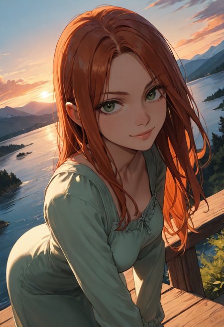 (score_9, score_8_up, score_7_up), zPDXL3, (drawn, wide hips:1.3),1girl, solo, medium breasts, redhead, 
green eyes, long hair, green dress, from above, sunset, dynamic lighting, sundress, sleeves,
(outdoors, mountains, river:0.8),  (face focus, close-up:1.5),
looking at viewer,
(dutch angle, from side, leaning on railguard, standing, leaning forward, hands forward:1.3),
smug,