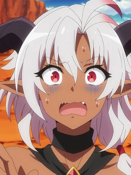 <lora:Heine:0.8>, heine, 1girl, solo, horns, multicolored hair, white hair, pink hair, long hair, red eyes, pointy ears, dark-skinned female, choker, bare shoulders, surprised, scared, open mouth, wavy mouth, fang, turn pale, sweat, looking at viewer, standing, hand up, portrait, cropped, outdoors, desert, canyon, sky, cloud, day, blurry background