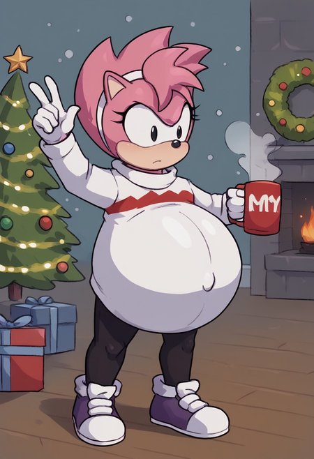 score_9, score_8_up, score_7_up, score_6_up, score_5_up, score_4_up, 1girl, solo, furry, full body, fleetwayamy, amy rose, spiked hair, pink fur, black eyes, white gloves, sweater dress, pantyhose, no shoes, messy hair, arm up, standing, hedgehog ears, <lora:Fleetway Amy v1:0.8>, hyper_preg, pregnant. belly inflating, Christmas, Christmas Tree, Snowing, holding a mug of hot coco, lid fireplace