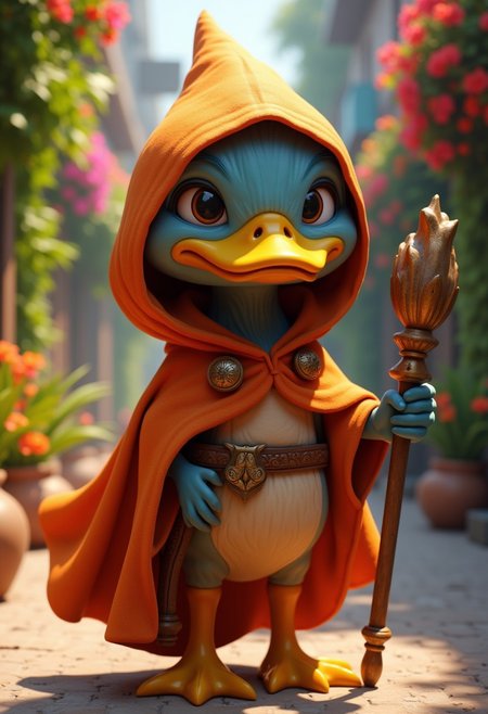 a hyper-realistic, professional-quality photograph of a  highly detailed and realistic fantasy scene featuring an anthropomorphic elepjant wizard. The character has a serious, determined expression, with sharp eyes, It is dressed in a orange, hooded cloak that covers most of its body, giving it an air of mystery and stealth. The cloak has a textured, new appearance, adorned with ornaments, indicating it has been through many adventures. The wizard holds an ornate staff confidently by its side, ready for battle. The background should suggest a lush, vibrant Indian street, with brightly colored flowers and plants, with bright sunlight casting soft shadows on the ground. The overall atmosphere should convey a sense of readiness and bravery, as the duck wizard stands poised for its next quest. The scene should be vibrant and full of life, with realistic textures and lighting that bring the character and its environment to life, blending charm with an adventurous spirit.., lifelike quality