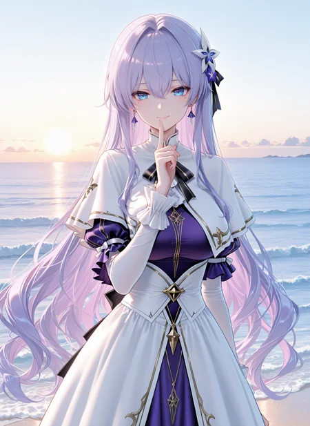 masterpiece,best quality,newest,absurdres,highres,soft shadows,year2024,mutou kurihito,(kimishima ao:0.7),(hiten \(hitenkei\):0.4),(sheya:0.4),
<lora:Cantarella youngXLNAI:1>,Cantarella (\young\),1girl,light purple hair,blue eyes,hair ornament,hair between eyes,mole under eye,earrings,white capelet,puffy sleeves,long sleeves,purple dress,white dress,
ocean,standing,finger to mouth,
smile,