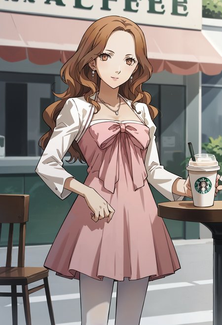 score_9, score_8_up, source_anime
1 girl, solo, cute face,
p4ebihara, brown hair, long hair, wavy hair,
p4ebihara-cas, dress, pink dress, bow, pink bow, necklace, earrings, shrug \(clothing\), shrug sweater, white pantyhose,
outside, cafe, coffee, Starbucks, standing, looking at viewer, cowboy shot,
masterpiece, best quality, ultra detailed,