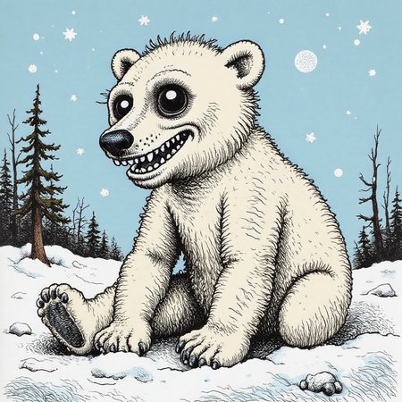 a bright illustration of  a polar bear playing in the snow, in the style of r0b3rt_crum8