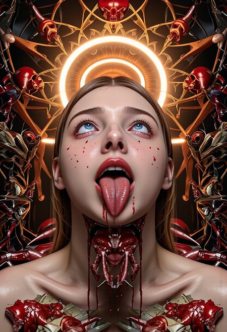 written at the top of the image is the words 'THE LOST FUTURES'.
below, a kaleidoscopic man with head coming apart like the woman in total recall four eyes two on each side of the face and two noses and two mouths very high technology greedy fat man eating big wads of paper cash money, he has a very bright halo around his head, in the background are esoteric magic symbols and sacred geometry as well as floating rats and severeed heads. he has a split face with blood coming out of his eyes color bars dripping blood faces screaming tv test pattern static imagery glitch pattern but embedded with cash symbols, dollar signs, money