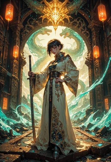 masterpiece, high-quality, A regal samurai priestess stands at the threshold of a colossal, floating temple carved from luminescent jade. Her short, raven-black hair sways in the wind as she holds a ceremonial katana whose blade crackles with tiny arcs of turquoise energy. The camera frames her from a low, angled perspective, accentuating her determined gaze and the intricate, glowing runes etched into her ivory robes. Behind her, towering paper lanterns hover in mid-air, their warm golden glow reflected on the templeâs polished floors and casting dancing shadows across the hyperdetailed mosaics lining the walls. Above, a shimmering tapestry of drifting petals and swirling ghost-lights converge to form a spectral dragon coiled around the temple spires, its ethereal scales pulsing in harmony with the ceremonial hum reverberating through the air. The scene radiates an air of unspoken vows and divine power, as if every breath the priestess takes resonates with the hidden spirits of an ancient, otherworldly domain, <lora:FLUX\Anime v1.3:0.5> <lora:FLUX\FluxMythAn1meL1nes:0.6> <lora:FLUX\Midjourney_-_SemiReal_Dreams_FLUX_LoRA:0.5> <lora:FLUX\CPA:0.5> <lora:FLUX\DarksunRiddV4:0.6>