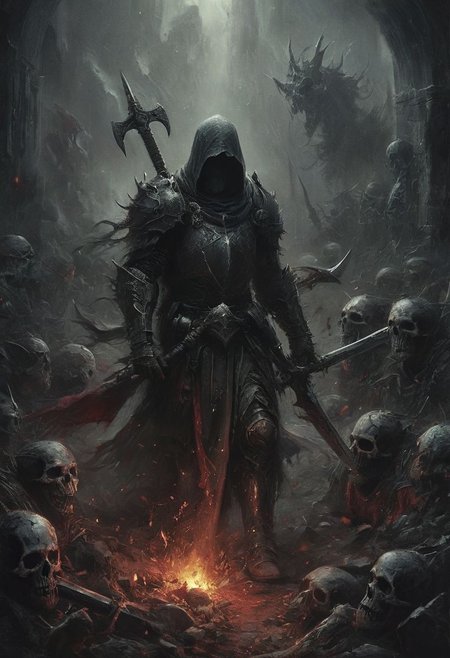 Completely Helm's fall absolutely nothing, pure black, detailed, but the Lord of the Rings of life are rising, FastNegativeV2, ral-dissolve,(James Ensor,Unica Zurn,Zdzislaw Beksinki:1.25), Skeletons,Weeping statues, Paranormal,Apparition, (Metallics:1.1), (Shape:1.1), (Monotyping:1.1), (Strobe light:1.2), Stone, Rhombus, ultra detailed, intricate, oil on canvas, dry brush, (surrealism:1.1), (disturbing:1.1) <lora:khorne:0.7> <lora:methurlant:0.5>
The king's guards fell like wheat before the scythe, their cries of alarm silenced by the swift and merciless blades of the assassin knights. In the heart of the fortress, they confronted the tyrant king himself, a figure wreathed in shadows and crowned with a crown of thorns.
A fierce battle ensued, the clash of steel and the crackle of dark magic filling the air with a palpable sense of impending doom. Sirah's daggers danced like silver serpents, finding their mark with unerring accuracy, 
creating a hyperpunk scene with desaturated translucent DARK Red and beige details, colorful (polaroid:0.7) with vibrant colors, (vacations, high resolution:1.3), (small, selective focus, european film:1.2), (sexual advance:1.1), ,end of hopes ,silence, extremely detailed,dark,sad, easynegative, digital artwork by Beksinski, extremely detailed, dark, chiaroscuro, low-key,in the style of Kelly Slater ,style by Kelly Slater,closeup,digital artwork by Beksinski, style of Kelly Slate