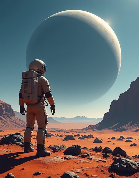 Imagine an image of an astronaut standing on the surface of an alien planet, staring at a massive gas giant looming in the sky.