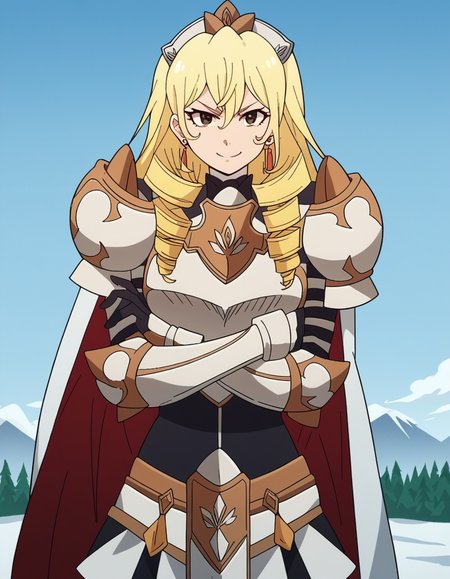 score_9, score_8_up, score_7_up, source_anime, <lora:bozes-co-palesti-s1s2-ponyxl-lora-nochekaiser:1>, bozes co palesti, long hair, blonde hair, brown eyes, drill hair, large breasts, skirt, gloves, cape, armor, shoulder armor, gauntlets, jewelry, earrings, breastplate,, snow day, winter clothes, snowball fight, laughter, cold breath, white landscape, , looking at viewer, crossed arms, smug, solo,, cowboy shot, dutch angle