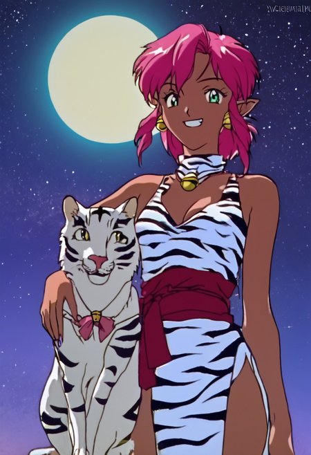 score_9, score_8_up, score_7_up, score_6_up, 1990s_(Style), 90s, Anime_Coloring, masterpiece, source_anime screenshot, duo, 1 girl, 1 boy, vivid colors, anime style, cartoon anime, source_anime, high-res, beautiful aesthetic, very intricate, high-quality details, vibrant, highly detailed, award-winning, professional, sleek and shiny, <lora:pink-ponyxl-v2:1>, single fang showing, sleeveless dress, white tiger print dress, pelvic curtain, cleavage, white cat ears, cat bell necklace, bright pink hair, tanned, white tiger tail, red sash, small breasts, leather shoes, detailed eyes, green eyes, detailed face, smile,  BREAK score_9, score_8_up, score_7_up, score_6_up, Masterpiece, source_anime, anime style, 1 girl, 1 boy, vivid colors, high-res, beautiful aesthetic, very intricate, high-quality details, vibrant, highly detailed, award-winning, professional, <lora:link:1> link1, link, pointy ears, blonde hair, blue eyes, medium hair, side locks, earrings, short ponytail, blue hylian tunic, grin
Break
In front of a giant full moon, stars in the sky, pink and link standing for photo, hugging, night time, front view, cowboy shot, whimsical, happy