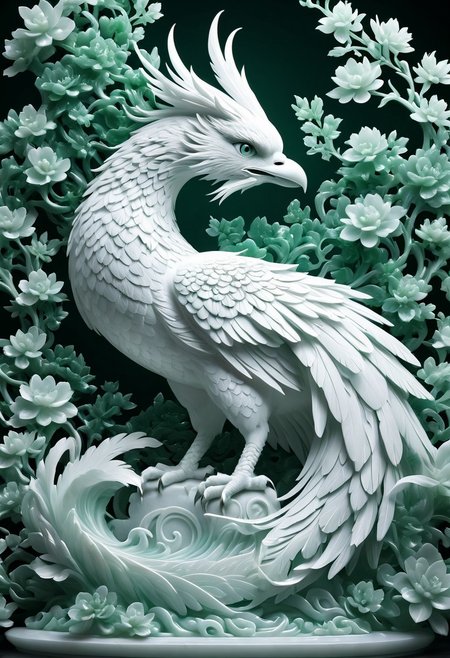 Midjourney, realism, cinematic quality, cartoon style, Midjourney style, jade Sculpture, jade, realistic, Phoenix, floral background, pure white skin, cinematic light, tai chi,