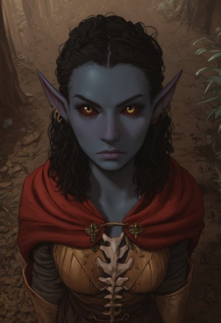 solo, short pointy ears, piercings, nord woman, random elf face, aquiline features, dark elf, weathered skin, large nose, animated realism, Syrian features, torso, subterranean, glowing mushrooms, mushroom forest, cave enviroment, large cavern, gloomy lighting, ancient ruins, interior, dark soil floor ,grey-blue skin, scarlet and gold clothes, medium armor, bone plate armor, ivory straps and fittings, grey wood neckguard, dark red sclera, black pupils, distant mushroom forest, blue-green light, neon, highly detailed, defined features, looking at viewer, three quarters view, from above, dynamic lighting, 36 years old, light and shadows, patterned cloth, determined expression, expressive eyes, detailed medieval clothes, medium_breasts, medium hair, wavy hair, thick hair, beaded hair, braided hair, under cut hair, semirealistic, alien elf, spanish features, jewish features, black hair, dark red hair, umber skin, sharp features, red persian print cloak, nighttime, high detail, absurdres, pretty eyes, detailed eyes, yellow eyes,