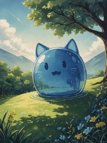 watercolor_effect, ((blue translucent see-through cat, animal focus, no humans)), dappled_sunlight, scenery, slime_(substance), slime_(creature) 
<lora:Simlish-000007 (1):1> <lora:Anime Summer Days 2 Style SDXL_LoRA_Pony Diffusion V6 XL:0.8>