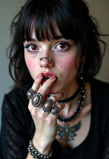 alternative goth girl, bunch of jewelry, young, model, aesthetic photo, beautiful skin, pretty face, bangs, finger on lips, many rings, pale skin, realistic, red eyes, black attire, intricate jewelry, chain in nose, a lot of piercings, creative tattoos