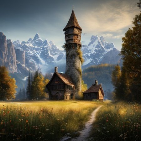 realistic analog photo, award winning photo, 
fantfa, background, mountain, trees, foreground, field, house, farm, farmland, witow, a wizard tower,
high-quality, crisp, sharp, professional-grade, high-resolution, fine detail, accurate colors, low noise, fast shutter speed, wide dynamic range, precise focus, RAW, highres, 8k, uhd, High Dynamic Range, tonemapping, crisp details,