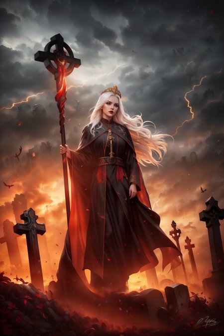 (masterpiece, best quality),  1girl close up, full body, holding staff, long white hair, ornate, eyeshadow, black and red priest robe, strong wind, tiara, embroiderie, <lora:FantasyCleric:0.7> fancle, cape, photo, professional light, low saturation, storm sky, dirty framing, dramatic lighting, <lora:Darkness:0.8> Darkness, tombstones, centered composition, golden hour