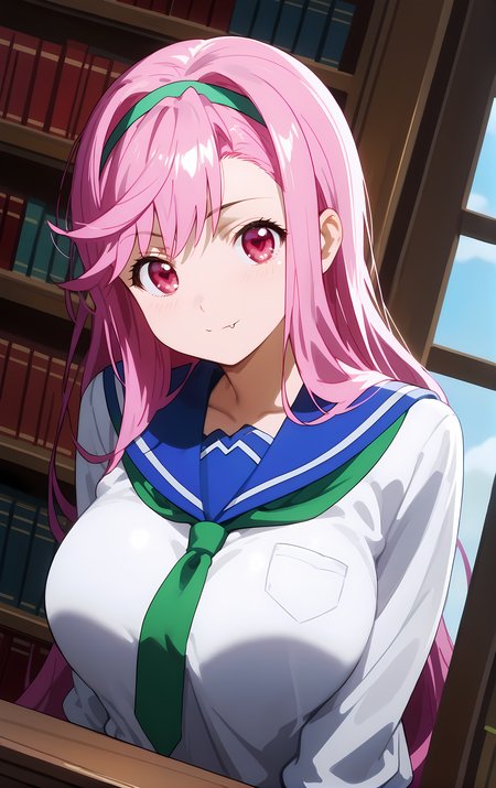 (score_9, score_8_up, score_7_up), standing, leaning forward, looking at viewer, light smile, closed mouth, shiny skin, tight clothes,
ohwx, 1girl, solo, pink_hair, long_hair, hairband, pink_eyes, red eyes, heart, fang, fang_out, breasts, large_breasts,
school_uniform, serafuku,
library,
cowboy shot, dutch angle, close-up,
 <lora:shiria_ootsuka_pony_ss:1>