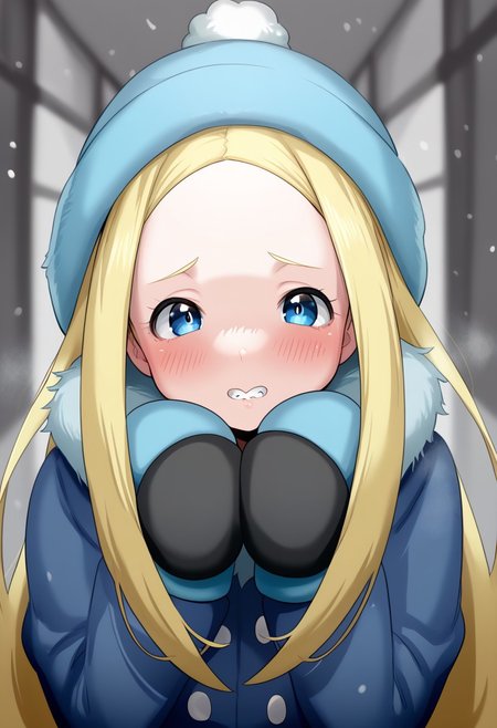 hyuuman, digital illustration, charact portrait, depth of field, pastel coloring/(medium/), blonde hair, very long hair, blushing, face focus, buck teeth, looking at viewer, ushanka, mittens, winter coat