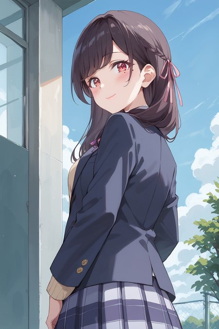 score_9, score_8_up, score_7_up, , score_ANIME,,, <lora:kurose_maria_pony3:1>kurosemaria, 1girl, solo, school uniform, looking at viewer, smile, cowboy shot,  blush, long hair, yellow sweater, black hair, bangs, , plaid skirt, long sleeves, collared shirt, red eyes, blazer, closed mouth,  medium breasts,  lipstick,, plaid skirt,    (from behind:1.5),  looking back,  hair ribbon,  sky, mole under eye, pink ribbon,