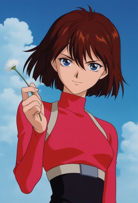 masterpiece, best quality, source_anime,official art,perfect_anatomy,1990s_\(style\),retro_artstyle,1girl, iiko isami,  blue eyes, brown hair,  short hair,  hair between eyes,  bangs,red bodysuit,turtleneck,looking_at_viewer,v-shaped eyebrows,happy,smile,holding a dandelion,upper body, high-waist skirt,day,blue_sky,cloud