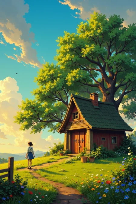shack beautiful  landscape, golden hour, woman, very intricate, very detailed, sharp, bright, colorful, <lora:Hand v2:0.5> <lora:Anti-Blur:1><lora:Insane Detail Slider:0.25>  <lora:flux.1_lora_flyway_Epic-detail_v2:0.3> <lora:fluxenhancer:0.25> <lora:ROWER:0.8> <lora:Anime art - Variant 3:0.6> Anime art