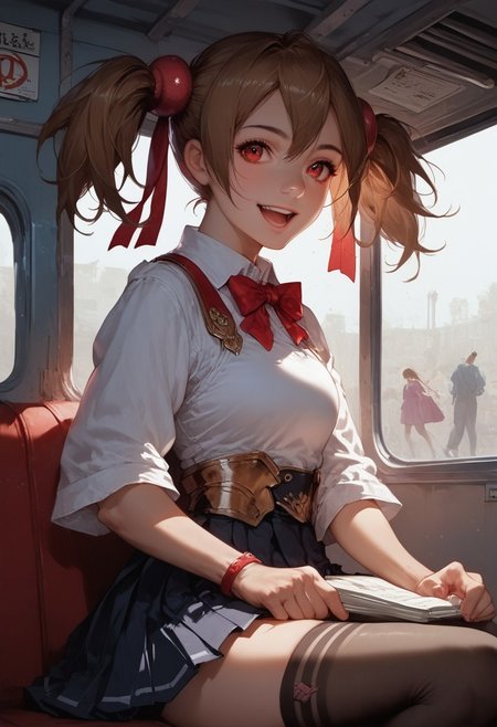 score_9, score_8_up, score_7_up, 1girl, silica, solo, skirt, brown hair, open mouth, red eyes, thighhighs, breastplate, twintails, white background, black skirt, pleated skirt, armor, smile, ribbon, bus station, bus stop, public place nighttime vibrant lighting, street lights, high contrast, dramatic shadows, highly detailed, detailed skin, depth of field, tilted angle, moody lighting, exy pose,professional lighting, perfect quality, high quality, photorealistic, sitting,  (((supermodel))),((goddess))