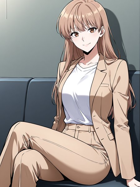 <lora:Omniscient_Readers_Viewpoint__Yoo_Sangah:1>
1 girl, solo, long hair, light brown hair, straight hair, brown eyes,
brown blazer, white t-shirt, brown pants,
(Anime_source),Masterpiece,(perfect female body:1.2), small waist,(incredibly detailed:1.4), looking at viewer, sitting, crossed legs, smile