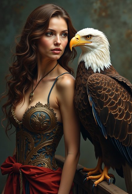A bald eagle sitting on the arm of a beautiful, confident woman. The eagle looks into the woman's eyes. detailed,