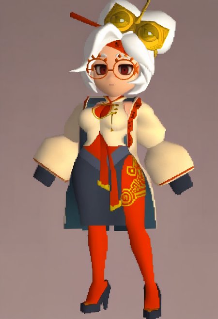 masterpiece, best quality, solo, 1girl, looking at viewer,  <lora:FF7-Chibi-illus_Fp:1>, full body, simple background, 3d, chibi, <lora:purah-illu-nvwls-v1:1>, pur4h, white hair, red eyes, hair bun, hair ornament, red headband, red glasses, sleeveless shirt, beige shirt, beige jacket, red trim, open jacket, black skirt, red leggings, gloves, high heels,