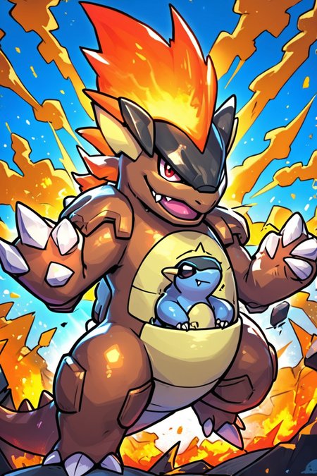 score_9, score_8_up, score_8,   BREAK, , zzKhan, no humans, claws, red eyes, black eyes, fangs,    (dynamic pose, motion lines),  volcano,  <lora:Kangaskhan_Pokemon_PDXL_v3:0.8>,  , BREAK, embedding:zPDXL, Expressiveh, ,,, <lora:EnergyCAT:1.0>, solo, smile, looking at viewer, aura, blue sky, ,,, <lora:SDXLFaeTastic2400:0.5>, <lora:Expressive_H-000001:0.4>,