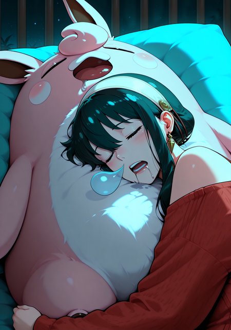 embedding:IllusP0s, wfus3, nose bubble, sleeping, drooling, 1girl, hugging, wigglytuff_\(pokemon\), yor_briar_\(spy x family\)<lora:Wfus3.safetensors:0.9:0.9> <lora:nose_bubble_ill.safetensors:1:1>