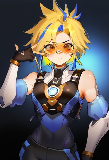 score_9, score_8, score_7_up solo BREAK 
1girl, BREAK medium breasts, seductive look,by yuio, <lora:yuio_style_PONYXL:1>,<lora:Mizah_style:1>,<lora:J.K_Pony_test_v1:1>,
BREAK Tracerkpop  , Tracer (overwatch),looking at viewer,blush,<lora:Lord_Moku:1>  BREAK v over eye,backhand BREAK neonSDXL,1girl,solo,blue hair,yellow hair,multicolred hair,gloves,bare shoulders,brown eyes,detached sleeves,black gloves,elbow gloves,belt,pants,fingerless gloves,streaked hair,black pants,silver bandaid,bandaid on face,olive skin,bandaid on nose