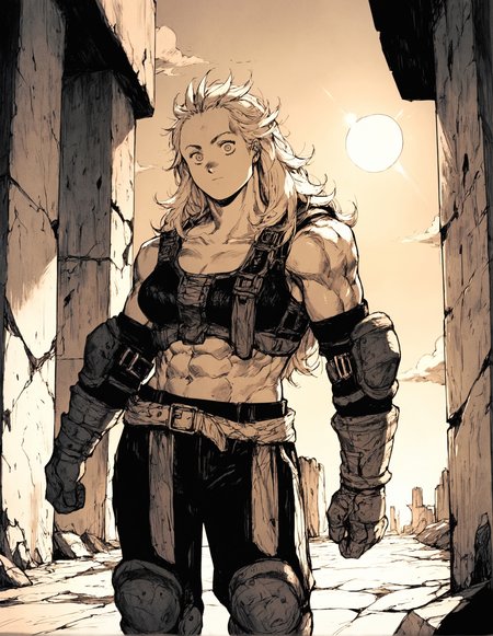 score_9, score_8_up, score_7_up,score_6_up,high resolution,qhayastyle,monochrome,greyscale,noi,long hair,white hair,muscular female,1girl,ruins,rim lighting,sunny,sun,day,dof,solo,pov,front view,standing,arm on hip,jacket,elbow pads,knee pads,gloves,upper body,belt