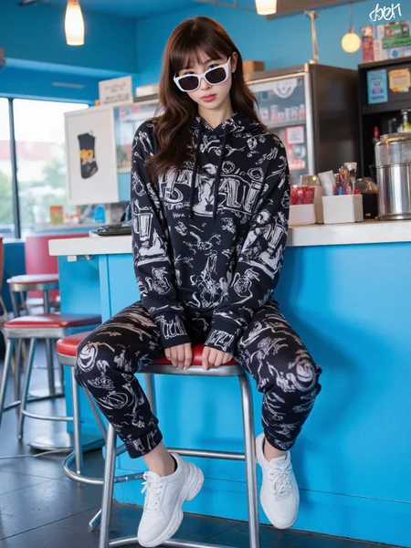 There are wonderful studio lights and various reflections,
18yo beautiful cute girl with blushing and female orgasm.skin naturally showing the texture of blood vessels and detailed pale skin,
--,
<lora:Nakajo_Ayami_f1:1>,she is Nakajo Ayami,
(Graffiti_printed_hoodie:1.4),(Track_pants:1.3),(Chunky_sneakers:1.2), The carefree girl confidently sits at the bright blue counter of the retro restaurant, her wavy hair styled in soft waves. She wears oversized sunglasses and her playful expression adds to the retro vibe. The neon lights of the restaurant contrast with her glamorous outfit, creating a playful, vibrant scene that blends high fashion with everyday fun, turning the ordinary into a fashion statement.,#å¢¨éæå°å