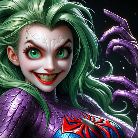 Scalebound SDXL(Concept)Mystic Lumina ((masterpiece, best quality)), illustration, digital painting, dfc, cinematic shot of a male (joker) (joker) as (spider man), 1girl, long green hair, large breast, official art, unity 8k wallpaper, ultra detailed, aesthetic, masterpiece, best quality, photorealistic, dark theme <lora:lowra_v10:0.5>  crazy smile, (open mouth) waist upt up
