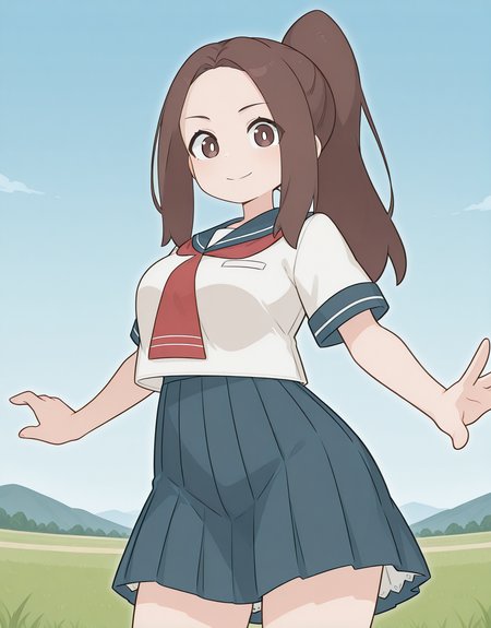 minamine, white pupils, brown eyes, brown hair, long hair, ponytail, forehead, school uniform, serafuku, sailor collar, short sleeves, pleated skirt, <lora:minamine_illustrious_ver1:0.8> 
smile,, masterpiece, best quality, sensitive,, 1girl, solo, blue sky, (grasslands:1.2), looking at viewer,, (cowboy shot, dynamic pose:1.4),