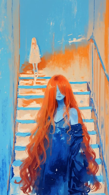 masterpiece, newest,absurdres,incredibly absurdres, best quality, amazing quality, very aesthetic, 
2girls, surreal, blue theme, orange hue, reflective stairs, BREAK BREAK 1girl, blonde, hair over one eye, BREAK 1girl, red hair, very long hair, wavy hair, off shoulder, 
 <lora:fuyumur4s4ki_style:1> fuyumur4s4ki_illu <lora:0__11Xx:1> 0__11Xx_illu