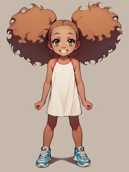 score_6_up, score_7_up, score_8_up, score_9, masterpiece, perfect face, perfect hands, high quality,(1girl, solo,)  child, full body, <lora:Jazmine_Dubiois_Boondocks_for_PonyXL:1> jazmine_dubois, dark skin, flat chest, twintails, long hair, big hair, happy, smile,|