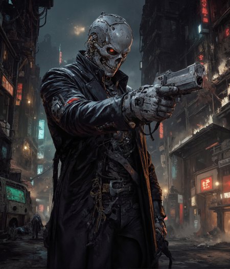 Create an image of a cybernetic humanoid assassin in a dark, dystopian setting. The figure should have a metallic skull with intricate mechanical details and a partially human-like appearance. It should be dressed in a long, black leather coat adorned with various cybernetic enhancements and accessories. (((The assassin is holding a futuristic pistol, aiming it with a cold, calculating expression at the camera))). The background should be dimly lit, emphasizing the assassin's menacing presence and highlighting the metallic and leather textures. The overall mood should be intense and foreboding, capturing the essence of a high-tech, dystopian world. (((detailed post-apocalyptic city background.)))