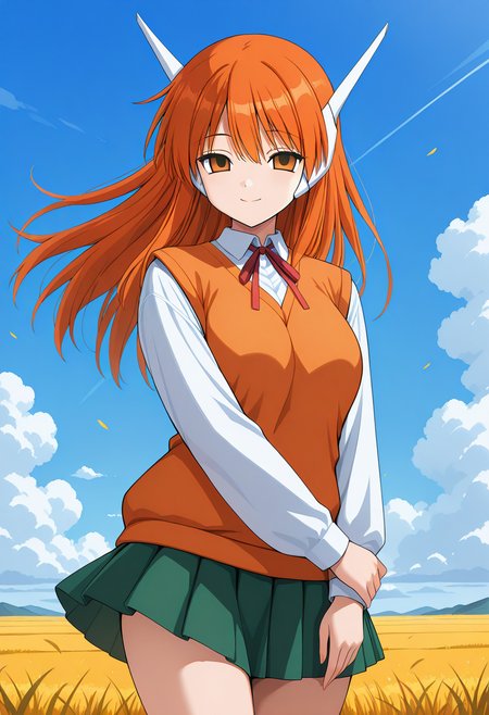 mx-13_serio, orange eyes, empty eyes, orange hair, long hair, robot ears, school uniform, orange sweater vest, ribbon, white shirt, long sleeves, green skirt, <lora:HMX-13_Serio_illustrious_ver1:0.8> 
smile, closed mouth, 1girl, solo, (field:1.2), (blue sky:1.2), looking at viewer,, masterpiece, best quality, general,, (cowboy shot, dynamic pose:1.4),