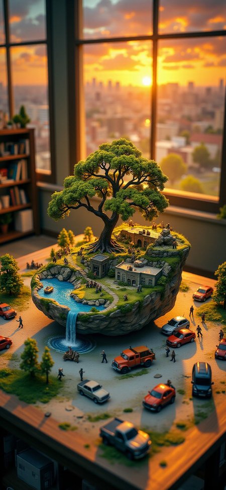 (indoor,very wide isometric view,tilt-shift lens:1.6), (windowless,fna_style,miniature,miniature,diorama,miniature,diorama,PVC,plastic:2),sunset desert,forest,parking lot with crowded  at (floating island,levitating  island:1.5) on (table:2) at (attic:2.5)   <lora:Diorama_Flux:1>
<lora:Fantasy_Novel_Art_Style:1>