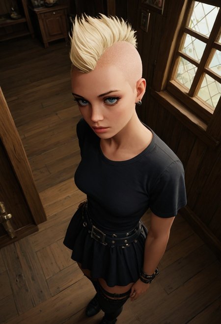 Score_9, score_8_up, score_7_up, 1girl, civitametapunksdxl_fem, female focus, witch, blonde hair, mohawk,  gothic cottage, from above