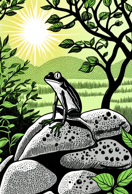 <lora:ink_ahuizotl_sdxl_v1:1.0>, ink_ahuizotl, drawing, a green frog sitting on top of a rock in the woods with the sun shining through the leaves behind it and a tree branch in the background
