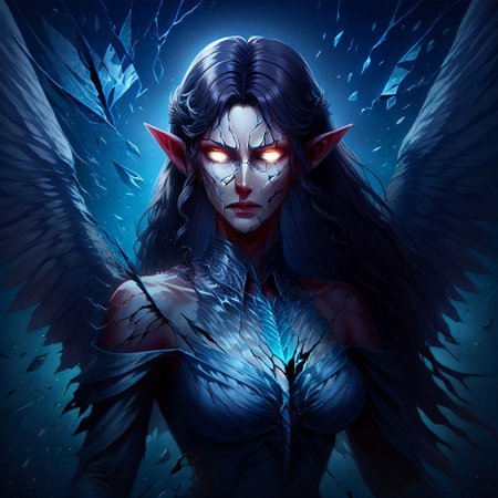 score_9, score_8_up, score_7_up, 1girl,(source_anime), source_Lord_of_the_rings, wings, angel, Arwen_Undómiel,tolkien's_legendarium, Arwen\(Lord_of_the_Rings\),  Arwen, elf, pointy ears, black hair, long hair, sidelocks, shattered, crack, cracked skin, broken glass, dissolving into flames, ral-dissolve, AngelicStyle