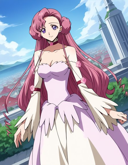 score_9, score_8_up, score_7_up, source_anime,
euphemialibritannia, <lora:euphemia-li-britannia-s1-ponyxl-lora-nochekaiser:1>,
euphemia li britannia, doughnut hair bun, hair bun, hair flower, hair ornament, long hair, pink hair, purple eyes,
bare shoulders, bow, cleavage, dress, frills, lace, ribbon, collarbone, choker, long sleeves, wide sleeves, long dress,
outdoors, cityscape, smile,
looking at viewer, dutch angle, cowboy shot, solo,