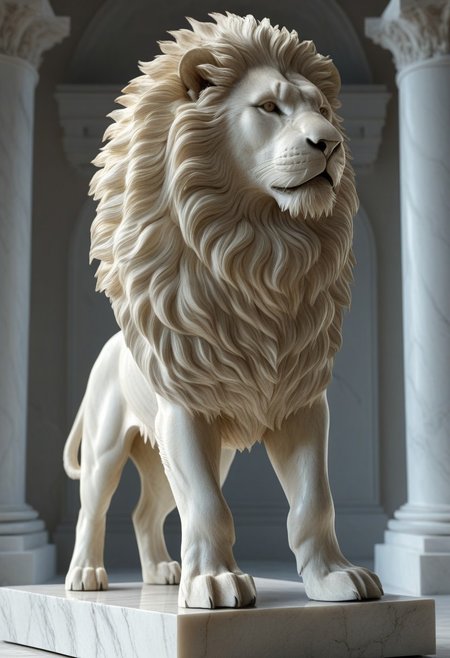 3D render of a majestic lion sculpture, hyper-realistic, intricately detailed fur, powerful stance, dramatic lighting, by Robert Kondo and Paul Komoda, high resolution, polished marble texture, museum quality display, showcasing strength and grace, with a naturalistic background. 
3d-rendering, concept-art, digital, dreaminess, futuristic, multimedia, sculpture, virtual-reality
concept-art, awesome full color, fantasy, epic, majestic, magical, dreamy, perspective, light and shadow, moody, epic, 
beautiful, painterly, aesthetic, textural, vivid, vibrant, intricate details, highly detailed, ultra-detailed, absurdres, 
fflixmj6, WhiteMold